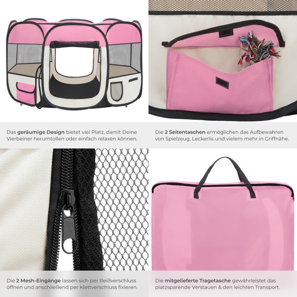 Rosa und weisser Hunde Laufstall mit Tragetasche