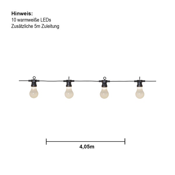 Lichterkette mit zehn warmweißen LEDs, Länge 4,05 Meter, zusätzliche Zuleitung von 5 Metern