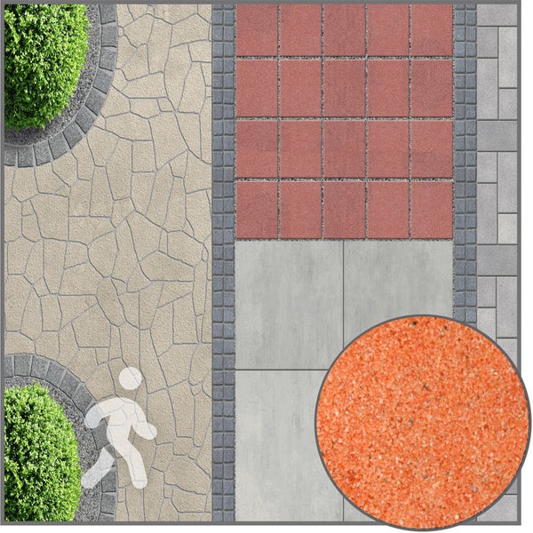 Draufsicht auf einen Gartenweg mit verschiedenen Pflastersteinen, Platten und einer Detailansicht von orangefarbenem Fugensand, geeignet für Fußgänger.