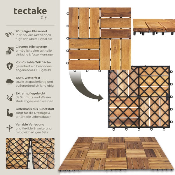 Terrassenfliesen tectake Tabula 31 x 31 x 2,2 cm 20er Set mit Klicksystem braun