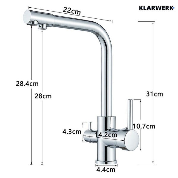 Küchenarmatur aus Chrom mit Maßangaben: Gesamthöhe 31 cm, Ausladung 22 cm, Auslaufhöhe 28 cm. Klarwerk Logo.