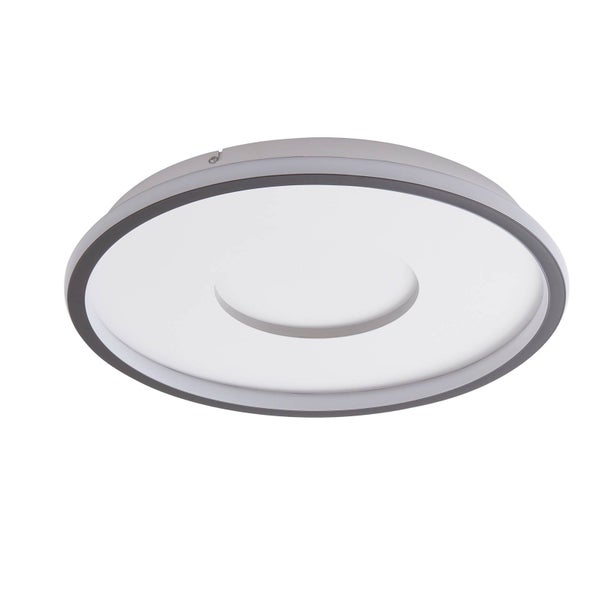 Runde LED-Deckenleuchte mit weißem Diffusor, grauem Außenring und grauem Akzentring in der Mitte.