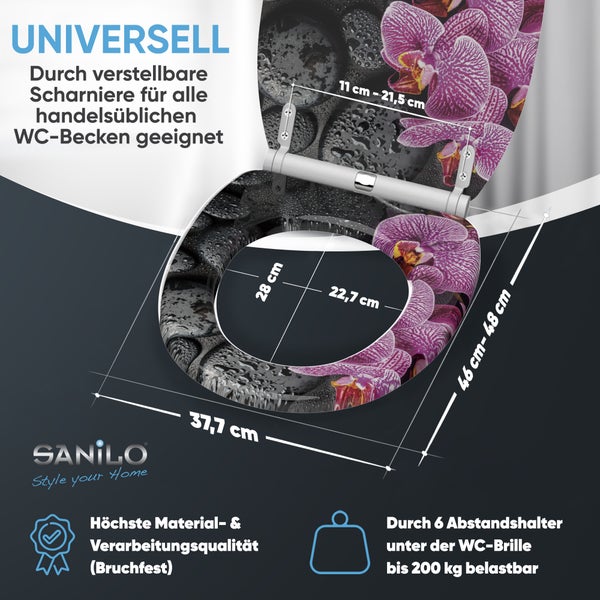 Universeller WC-Sitz mit Orchideen-Dekor, verstellbare Scharniere, Maße circa 37,7 mal 46 bis 48 Zentimeter, belastbar bis 200 Kilogramm. SANILO Logo.