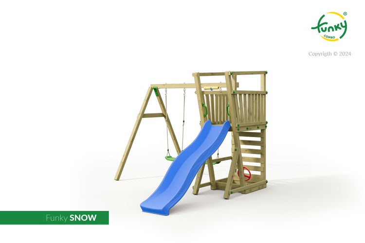 Spielturm Funky SNOW aus Holz mit blauer Rutsche, zwei Schaukelsitzen und Leiter.
