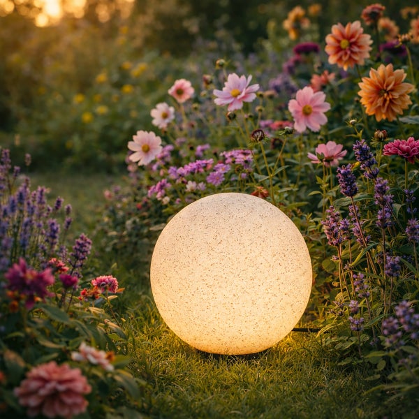 Kugelleuchte für den Außenbereich in einem Gartenbeet mit verschiedenen Blumen wie Lavendel und Dahlien.
