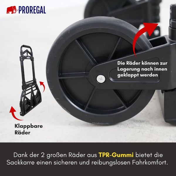 PROREGAL Klappbare Profi-Sackkarre ELEPHANT HxBxT 115x50x53cm Traglast 150kg Aluminiumrahmen, ergonomische Griffe, TRR Fachgummiräder Schwarz