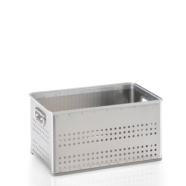 Aluminiumkiste mit gelochten Seitenwänden und seitlichen Tragegriffen für Aufbewahrung und Transport.