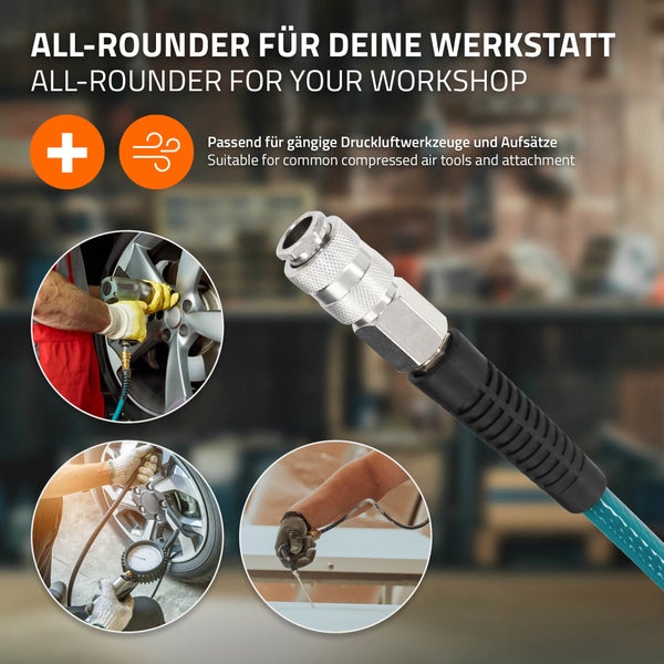 Schnellkupplung fuer Druckluftwerkzeuge zur Verwendung mit gaengigen Luftanschluessen und Aufsaetzen in der Werkstatt.