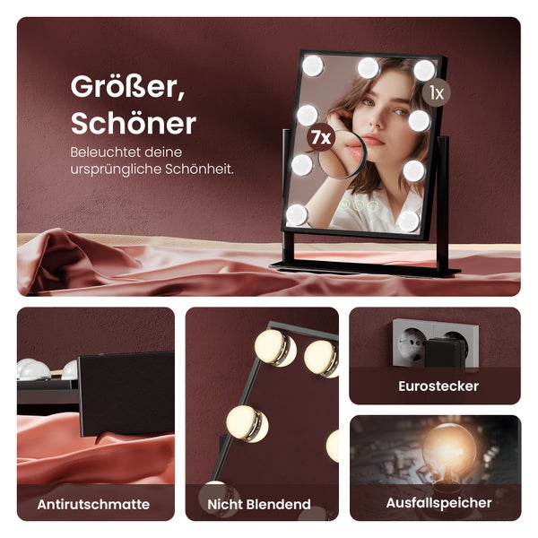 Kosmetikspiegel mit Beleuchtung, einfacher Vergrößerung und siebenfacher Vergrößerung, Antirutschmatte, Eurostecker, blendfreie Beleuchtung, Speicherung bei Stromausfall