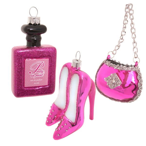 Dekorativer Christbaumschmuck in Form von Parfümflasche, High Heels und Handtasche