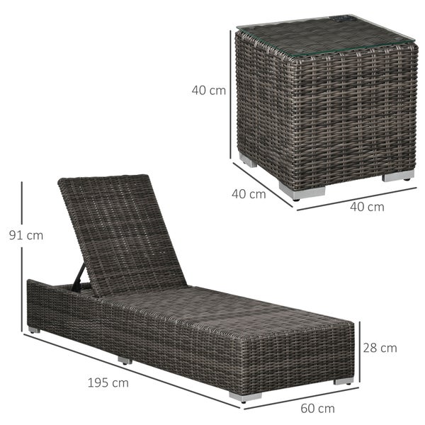 Outsunny Poly-Rattan Sonnenliege 3-tlg. Gartenliege mit 6-Fach Verstellbarer Rückenlehne Beistelltisch Nackenkissen Gartenmöbel Aluminium Grau 60 x 195 x 91 cm