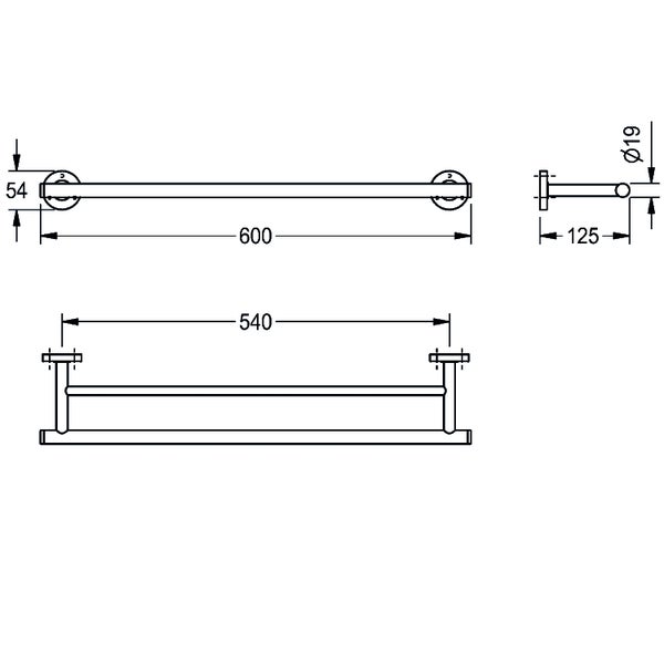 Technische Zeichnung eines doppelten Handtuchhalters mit Maßen in Millimeter: Gesamtbreite 600, Montageabstand 540, Tiefe 125, Durchmesser 19.