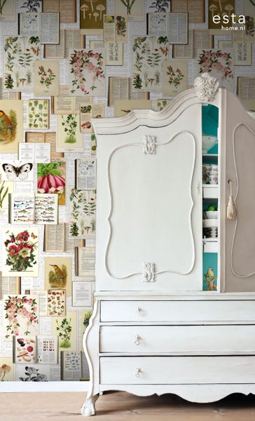 Dekorative Wand mit botanischen Illustrationen und eine weiße Kommode