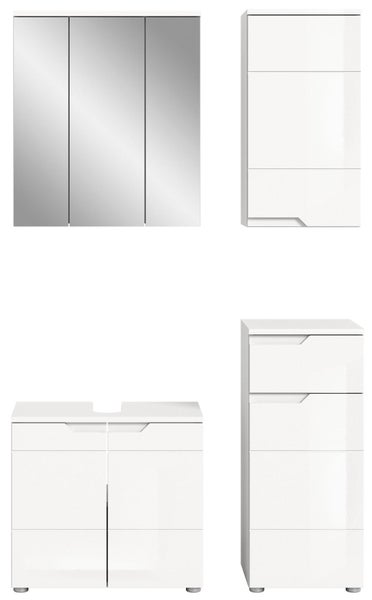 Badezimmermöbel-Set bestehend aus Spiegelschrank mit drei Türen, Waschbeckenunterschrank und zwei Seitenschränken in Weiß.