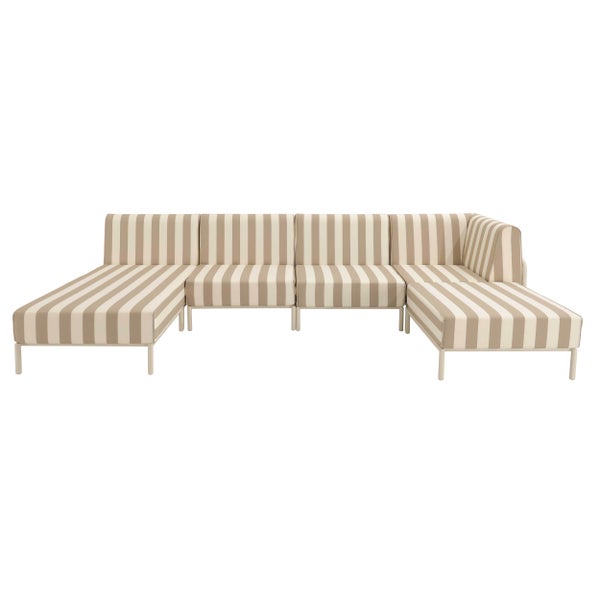 Modulares Garten-Lounge-Sofa-Set mit beige und weiß vertikal gestreifter Polsterung und Metallgestell.