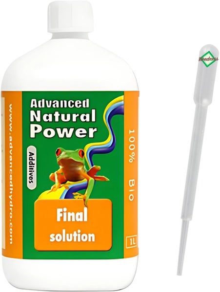 1 Liter Flasche Advanced Natural Power Final Solution Pflanzenzusatz, 100 Prozent Bio, inklusive Kunststoffpipette mit Weedness Logo.