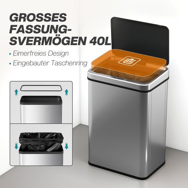 Edelstahl Mülleimer mit 40 Liter Fassungsvermögen, eimerfreiem Design und integriertem Beutelring.