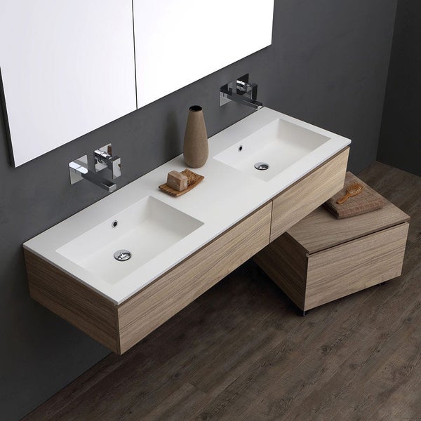 Waschtisch mit zwei Waschbecken, Armaturen, Unterschrank und Ablageelement im Badezimmer