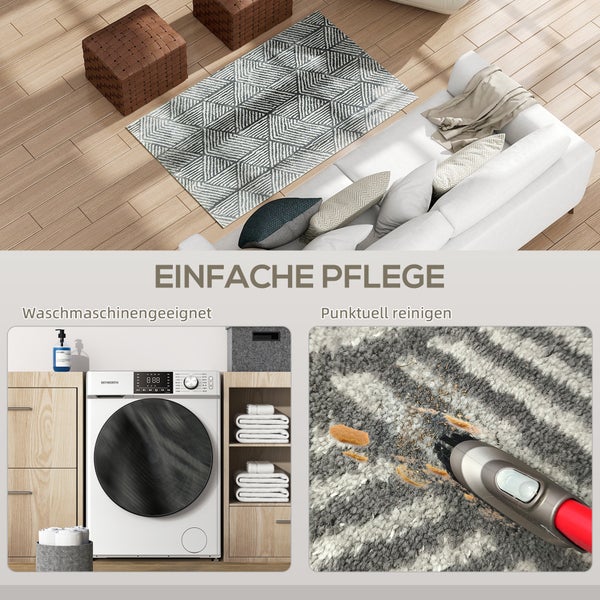 Teppich mit geometrischem Muster im Wohnzimmer, Waschmaschine für einfache Pflege und Staubsauger zur punktuellen Reinigung.