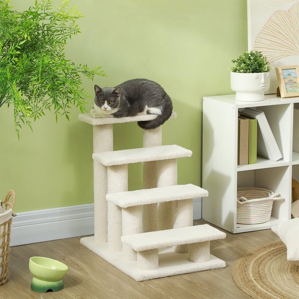 PawHut Tiertreppe Katzentreppe Hundetreppe Treppe für Katze und Hunde 4 Stufen Cremeweiß 63,5x43x60cm