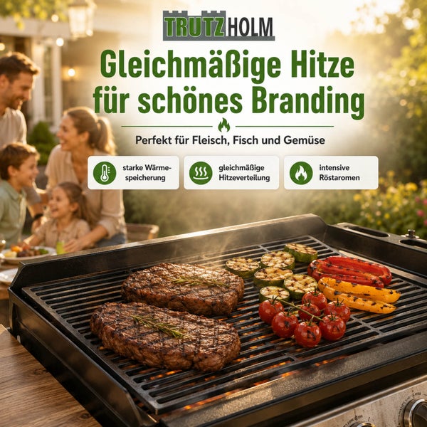Trutzholm Grillrost mit Steaks, Gemüse und Grillfamilie im Garten. Merkmale: Wärmespeicherung, gleichmäßige Hitzeverteilung und Röstaromen.