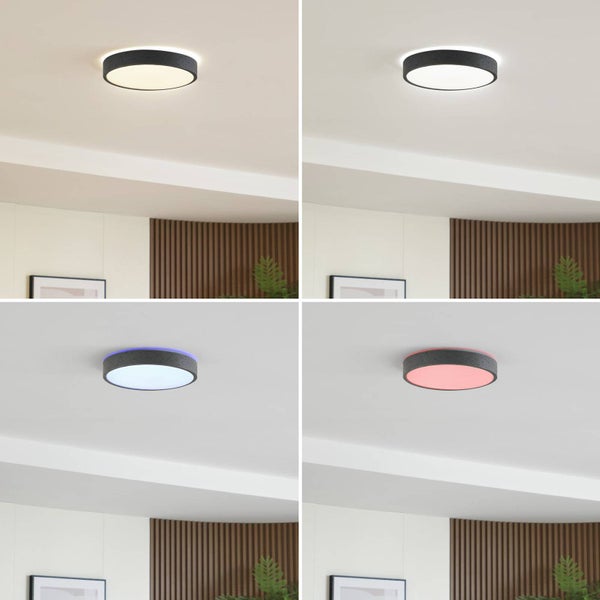 Runde LED-Deckenleuchte mit indirektem Lichteffekt und RGB-Farbwechsel, verschiedene Lichtmodi in einem modernen Wohnraum.