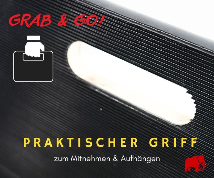 Praktischer Griff zum Mitnehmen und Aufhängen an einer gerippten Oberfläche. Mammut Logo.