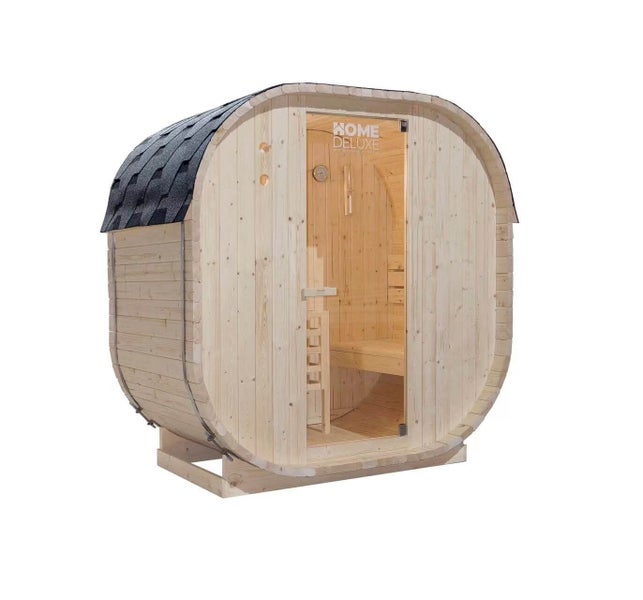 Fasssauna aus Holz von Home Deluxe mit Glasfronttür und Dachschindeln für den Gartenbereich