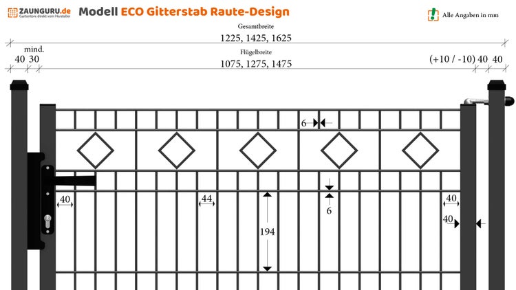 Gartentür ZAUNGURU ECO-Line Raute aus Metall, Höhe: 83cm, Breite: 143cm, 1-flügelig inkl. Pfosten, Locinox-Schloss und Zubehör, Feuerverzinkt und zusätzlich in RAL 7016 Anthrazitgrau pulverbeschichtet
