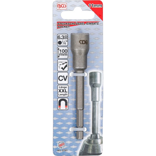 BGS Steckschlüssel-Einsatz Sechskant extra lang für Bohrmaschinen Antrieb Außensechskant 6,3 mm (1/4) SW 11 mm - 2767