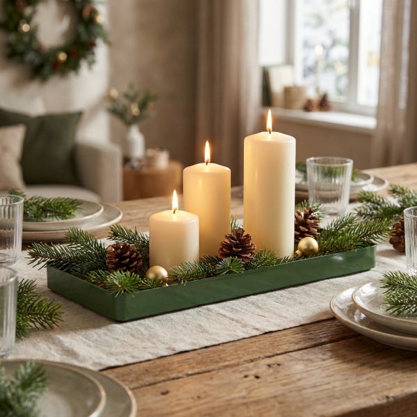 Weihnachtliche Tischdekoration mit drei brennenden Stumpenkerzen in einer rechteckigen Schale mit Tannenzweigen, Zapfen und Weihnachtskugeln.