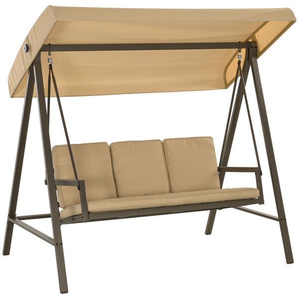 Outsunny Hollywoodschaukel, 3-Sitzer Gartenschaukel mit Verstellbarem Dach, bis 360 kg Belastbar, 200 x 125 x 175 cm, Polyester, Netzstoff, Beige