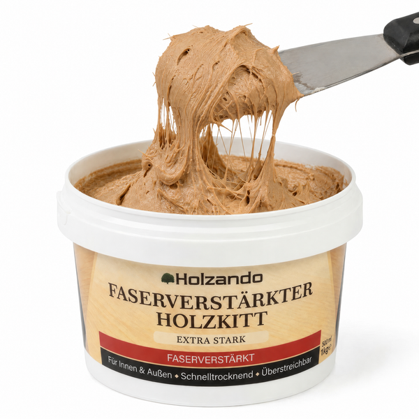 Holzando faserverstärkter Holzkitt für Innen und Außen, 1 Kilogramm Dose mit Spachtelmasse auf einem Spachtel.