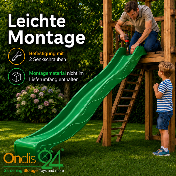 Montage einer grünen Rutsche an einen Kletterturm aus Holz mit zwei Senkschrauben. Ondis 24 Logo.