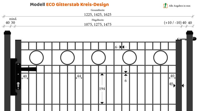 Abbildung eines ECO Gitterstab Kreis-Design Zauns mit Breitenangaben