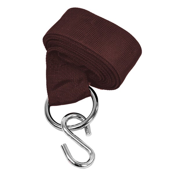 Brauner Zurrgurt aus Textilgewebe, aufgerollt, mit metallenem S-Haken und O-Ring.