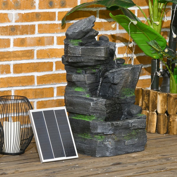 Outsunny Gartenbrunnen, Solar Springbrunnen mit 4 Stufen,  LED-Beleuchtung, für Garten, Balkon, 34 x 28 x 57 cm, Kunstharz, Dunkelgrau