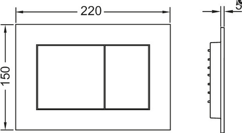 Maßzeichnung einer Betätigungsplatte für Toiletten mit einer Breite von 220 Millimeter und einer Höhe von 150 Millimeter.