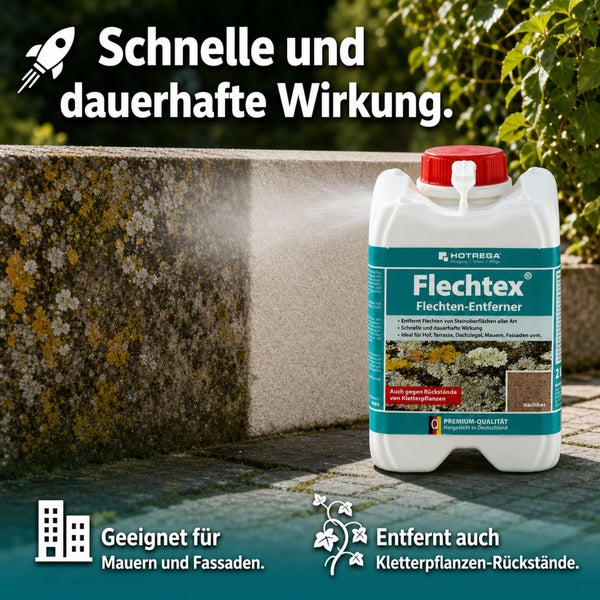 Hotrega Flechtex Flechtenentferner Kanister zur Reinigung von Steinmauern und Fassaden bei der Anwendung auf einer Mauer.