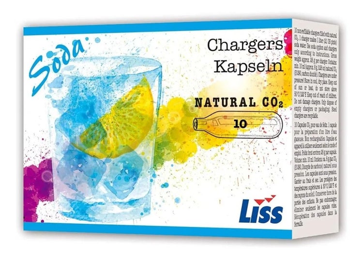 Liss Soda-Kapseln, Packung mit 10 Stück natürlichem Kohlenstoffdioxid für die Zubereitung von Sodawasser.