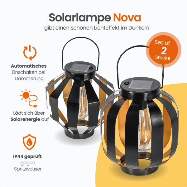 Goliving Solar Tischlampe Nova - 2 Stück - Laterne für draußen - Solarbetriebene Gartenleuchte - LED-Außenleuchte - Pendelleuchte - 20,5 cm - Metall - Schwarz