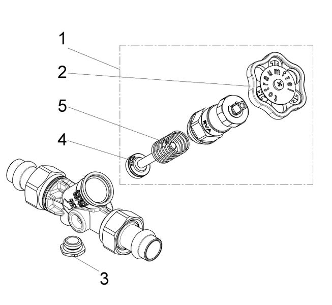 Explosionszeichnung einer Ventilbaugruppe mit nummerierten Komponenten wie Handrad, Feder und Ventilkörper.