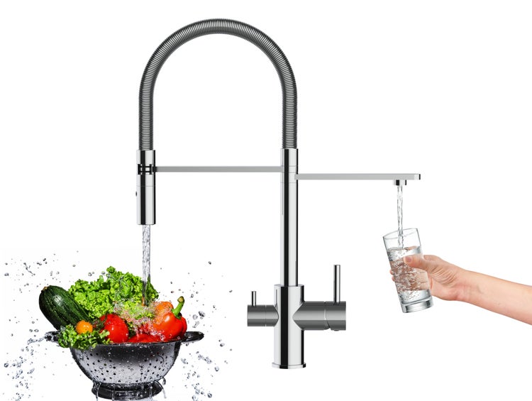 3 Wege Wasserhahn Küchenarmatur, FL, mit 360° schwenkbarem Auslauf, abnehmbare 2 strahl Handbrause, Verchromt
