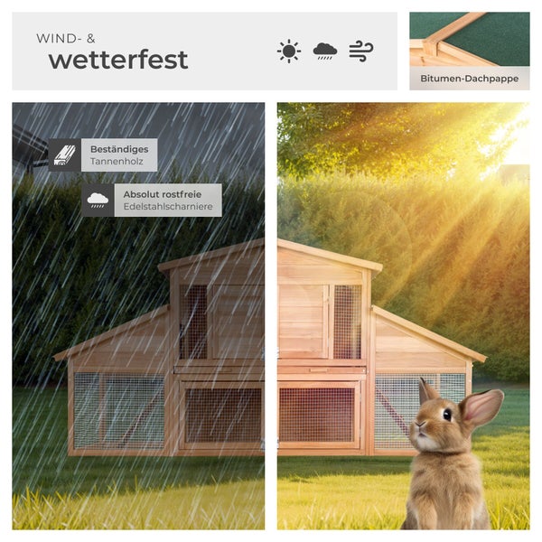 Wetterfester Kaninchenstall aus Tannenholz mit Bitumendach und Edelstahlscharnieren in einer Gartenumgebung bei Regen und Sonnenschein.