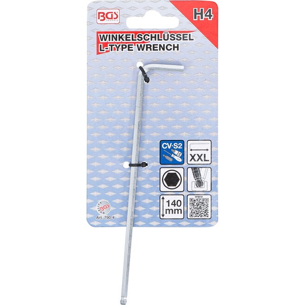 BGS technic Winkelschlüssel H4 in L-Form, silberner Chrom-Vanadium-Stahl, 140 Millimeter Länge mit Kugelkopf.
