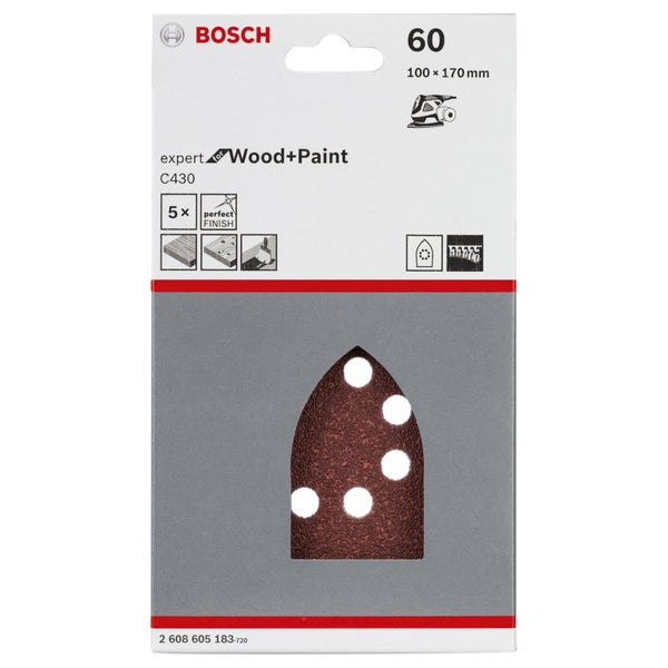 Bosch 5x Schleifblatt C430 Expert for Wood 8 Löcher Klett 100 x 170 mm K60 - 2608605183