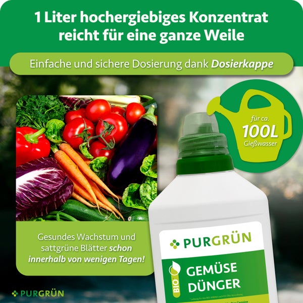 Eine Flasche Purgrün Gemüsedünger mit Dosierkappe vor einem Bild mit frischem Gemüse und einem Symbol für hundert Liter Gießwasser.