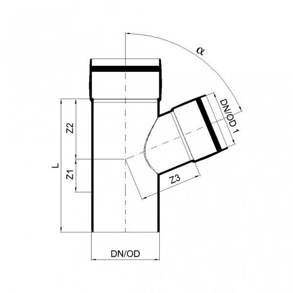 Technische Zeichnung eines Abzweigrohrs mit Maßangaben für Länge, Durchmesser und Winkel.