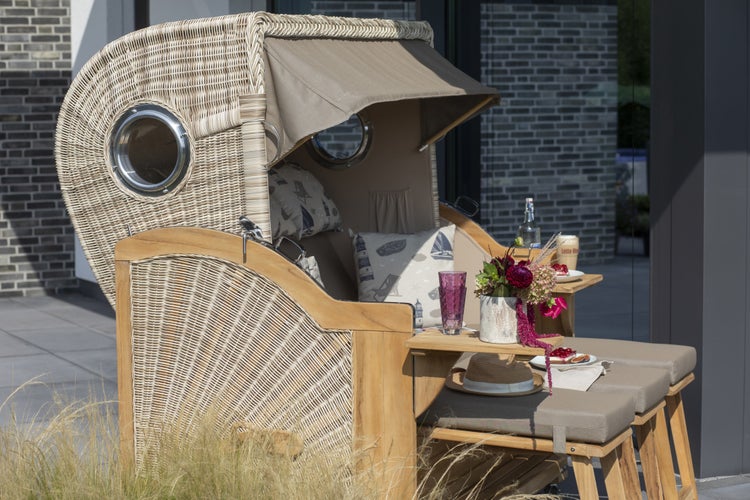 Strandkorb Westerland XXL Teak Bullauge PE shell Dessin 540