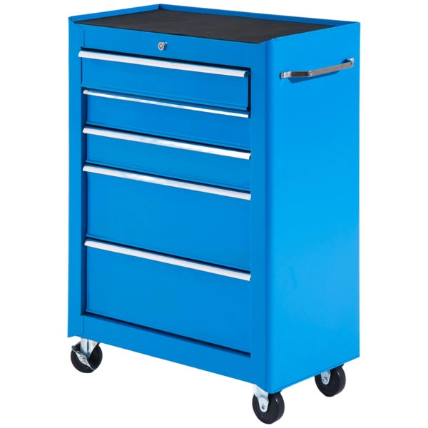 Blauer Werkstattwagen aus Metall mit fünf Schubladen, Schloss, Griff und Rollen.